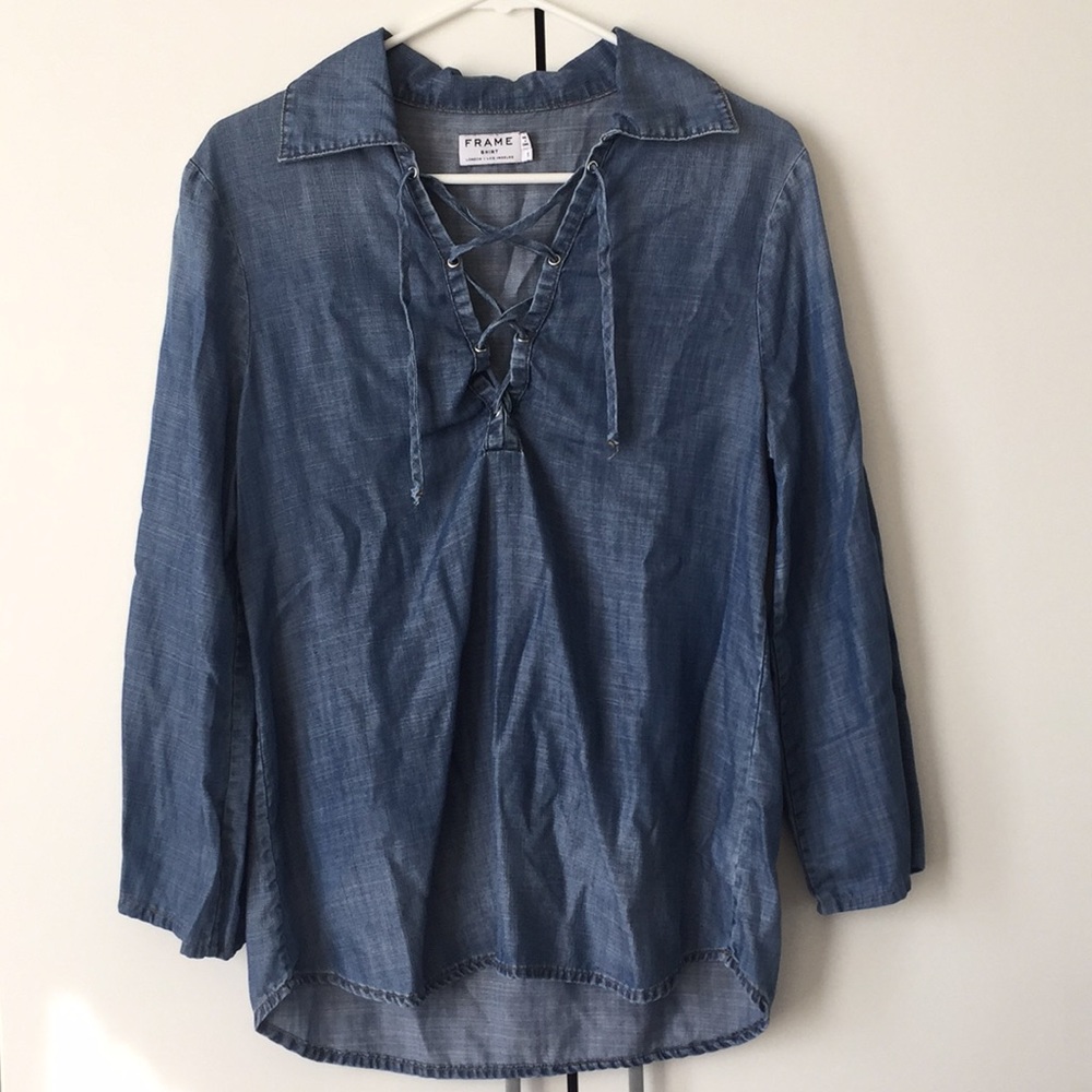 Frame Lace-Up Chambray Blouse
